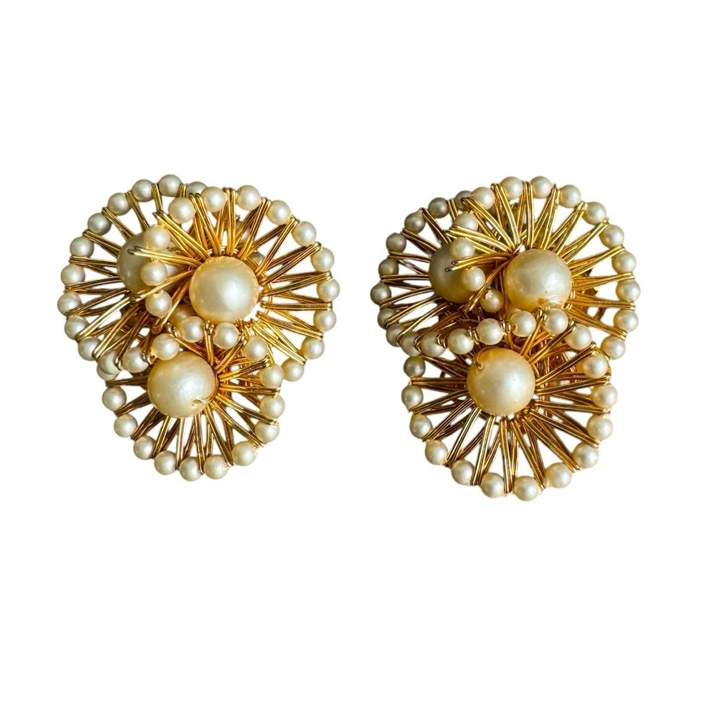 Vintage Faux Pearl Clip-On Earrings Gold‎ Tone Sunburst Statement Maximalist